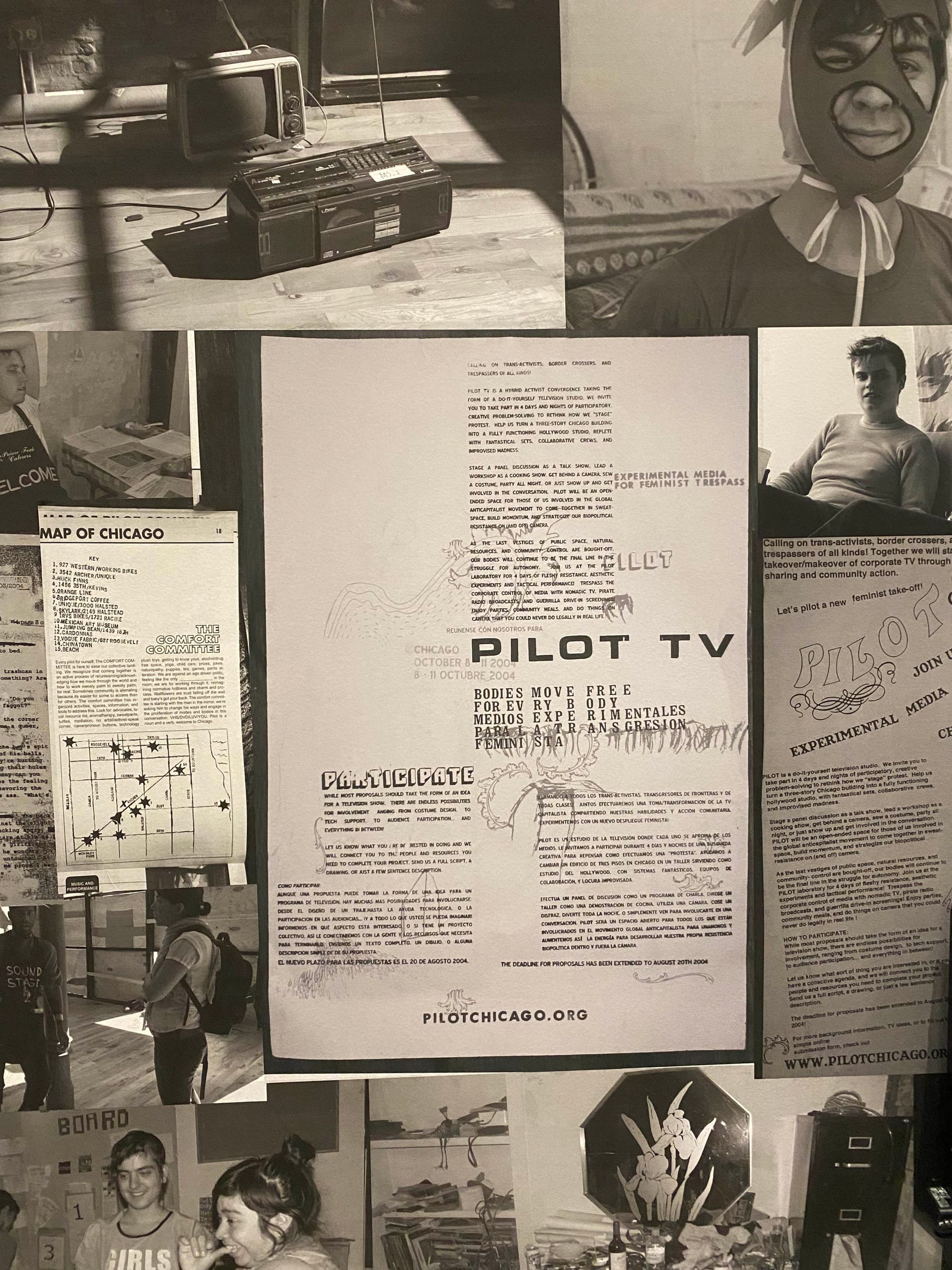 Collage of photographs and print ephemera emphasizing experimental TV.